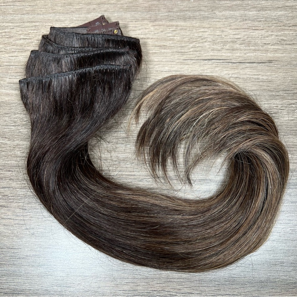 Luxy Human Hair Mocha Brown Balayage 16” Classic Clip In Hair Extensions - Picture 5 of 16